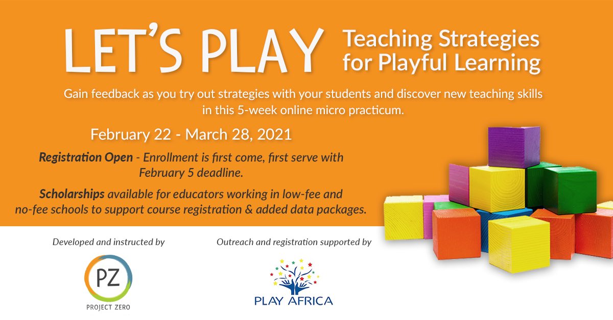 PlayAfricaCM's tweet photo. Educators: 🚀 Launch your career!

ECD &amp; primary school teachers in Africa working with low-income learners ➡️ apply through Play Africa for a bursary to Harvard Graduate School of Education Project Zero “Let’s Play” online micro practicum!

Apply today! https://t.co/9tzLMqWLWG https://t.co/ea4atfO1Oy