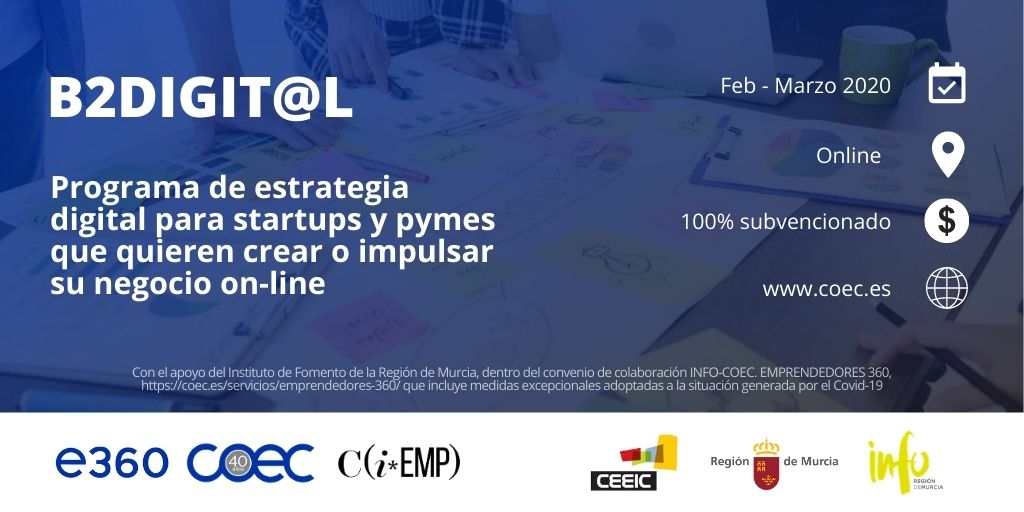¡Finaliza el proceso de selección de #B2Digital, iniciativa de <a href="/COEC_es/">COEC</a> <a href="/infoRMurcia/">Instituto de Fomento</a> y @Ceeict! 🚀

22 #startups y #pymes serán acompañadas en la validación de su modelo de negocio #digital y la definición de su estrategia de marketing #online 💻

¡Empezamos el lunes! 👏