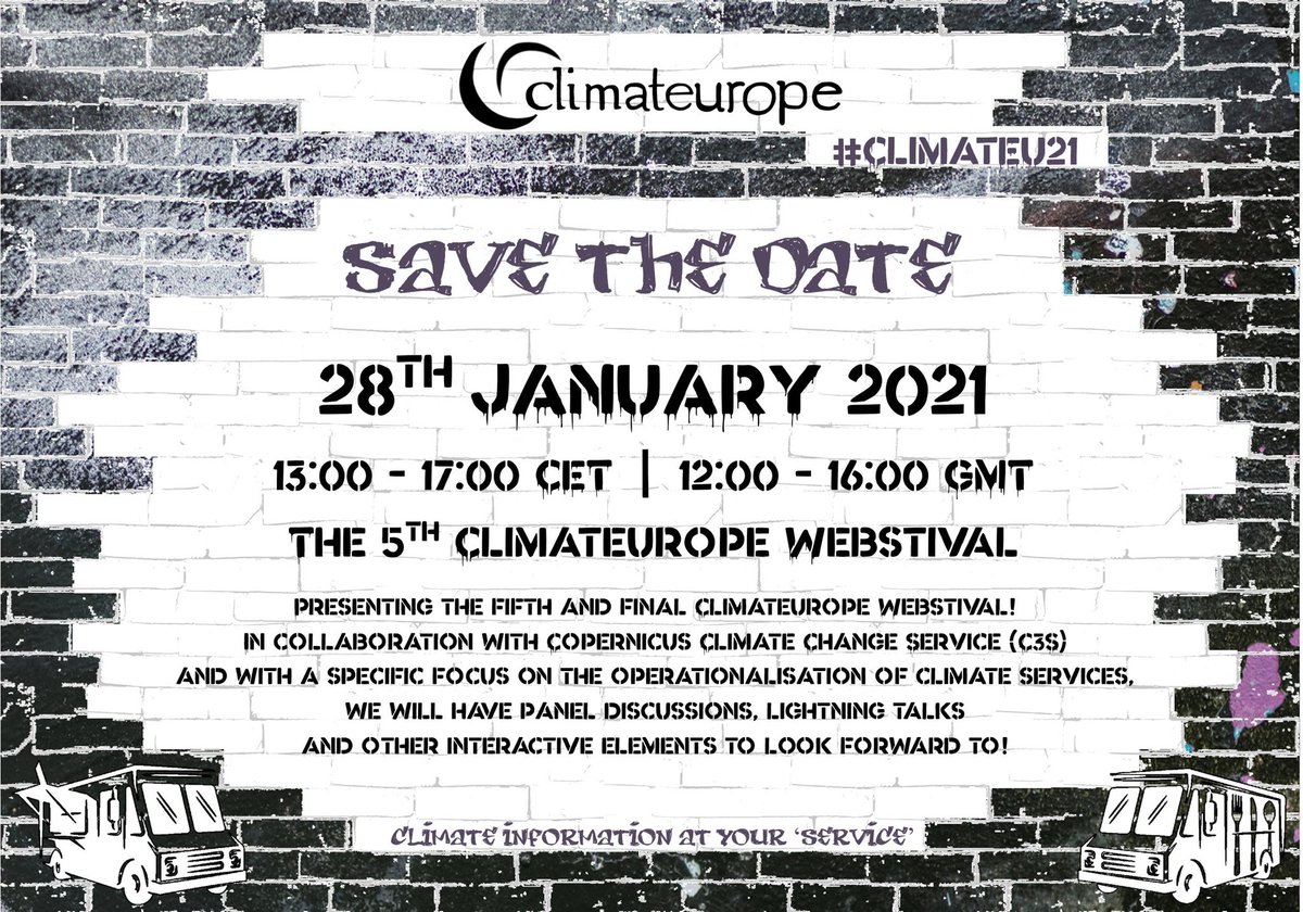 📅The fifth and final @climateurope Webstival is next Thursday 28 January, and it's about a topic near and dear to our hearts: the operationalisation of #ClimateServices, including the #CopernicusClimate Change Service. Register to join us at the event➡️bit.ly/3paW3ZW