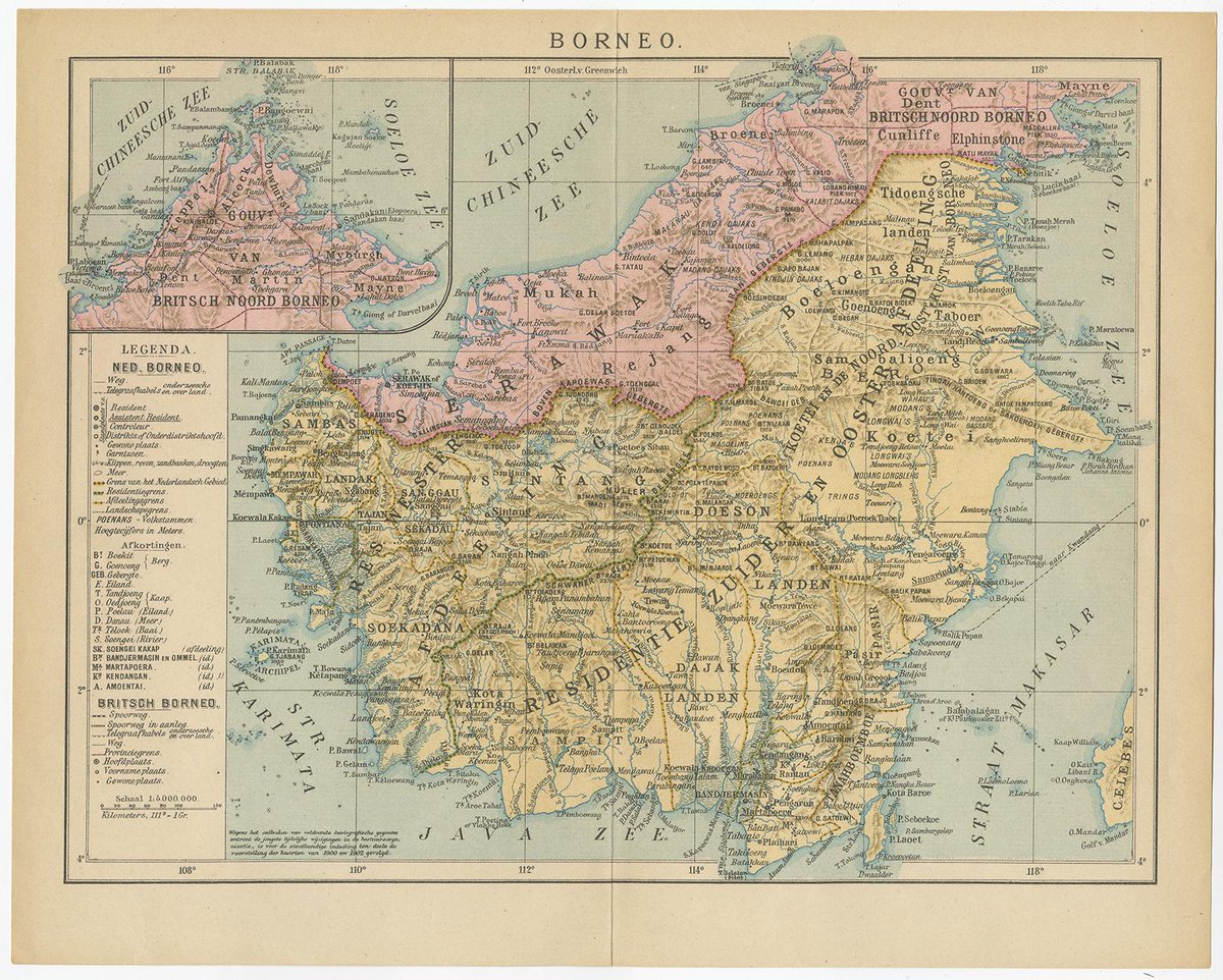 potretlawas's tweet photo. Borneo. Peta cetakan Winkler Prins Amsterdam (1906) yang merinci kedua sisi wilayah kekuasaan kolonial Inggris dan Belanda. https://t.co/IdFJqVxhTY