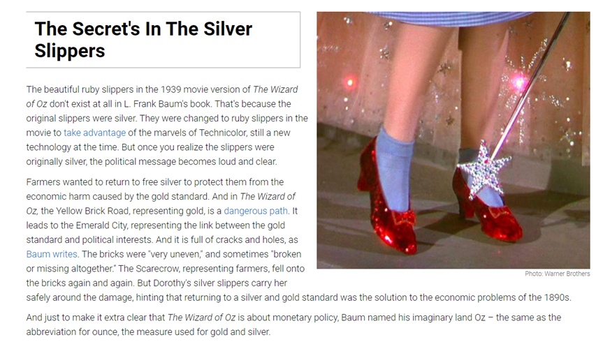 Once you realize the slippers were originally silver, the political message becomes loud & clear.  #Farmers wanted protection from the economic harm caused by the gold standard, & in  #TheWizardOfOz the Yellow Brick Road, representing gold, is a dangerous path.. #OffToSeeTheWizard