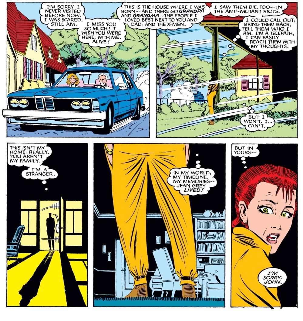 Claremont portrays Rachel’s PTSD as simmering anger, self-hatred, and isolation. Even amongst the found family of the X-Men, Rachel cannot simply move forward anew, yet she is largely unwilling to address her past, fearing the emotional burden she places on others. 4/7