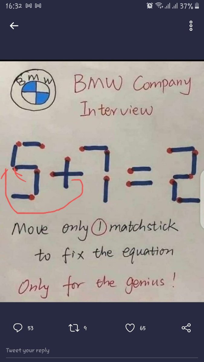 GEMANGA's tweet photo. @KenyanTraffic @bolarin0072 @Gidi_Traffic Move the the horizontal matchstick forming plus sign to be vertical before number 5 https://t.co/9rmVWrRyev