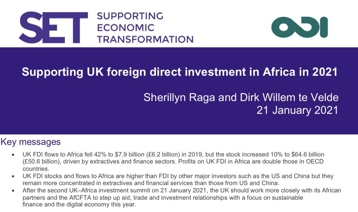 In our @ODIdev analysis, we find that UK FDI to Africa are higher than other major investors but are less diversified than FDI from US&China. After the #AfricaUKSummit& in the context of #Brexit & #covidrecovery, we identify ways to support UKFDI in Africa set.odi.org/supporting-uk-…