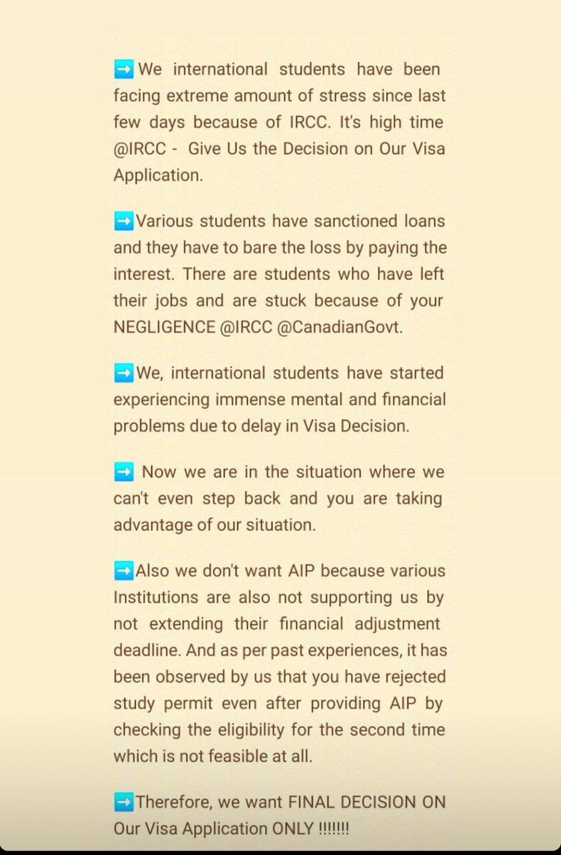 Nanu012792511's tweet photo. @oye_student @CP24 @pienews @timesofindia @CBCAlerts @nadirypatel @CanadainIndia @PMOIndia @CitImmCanada @MEAIndia @DrSJaishankar RESPECTED AUTHORITIES
Look at what students are going through GIVE THEM FINAL DECISION NO AIP
@CP24  @pienews @timesofindia @CBCAlerts @nadirypatel
@CanadainIndia
@PMOIndia
@CitImmCanada 
@MEAIndia
@DrSJaishankar
#Justiceforstudents 
#Wakeupircc
#Notfaircanada
#Giveusdecisions https://t.co/39i7ZYqg42