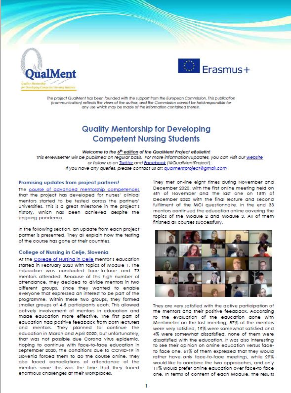 The sixth edition of the #QualMent Project eBulletin, highlighting the project latest news, is now online. Read it here: bit.ly/3iwlIcV #mentorship #mentors # erasmusplus #nursing