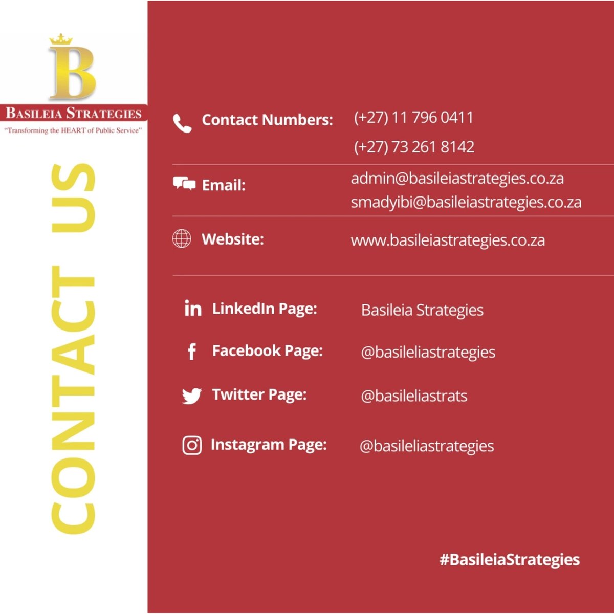 We've updated our company logo and our contact details!

“Transforming the HEART of Public Service”

Website: basileiastrategies.co.za

#NewLogo #NewProfilePicture #Slogan #Motto #Vision #PublicService #PrivateBusiness #Workforce #BasileiaStrategies