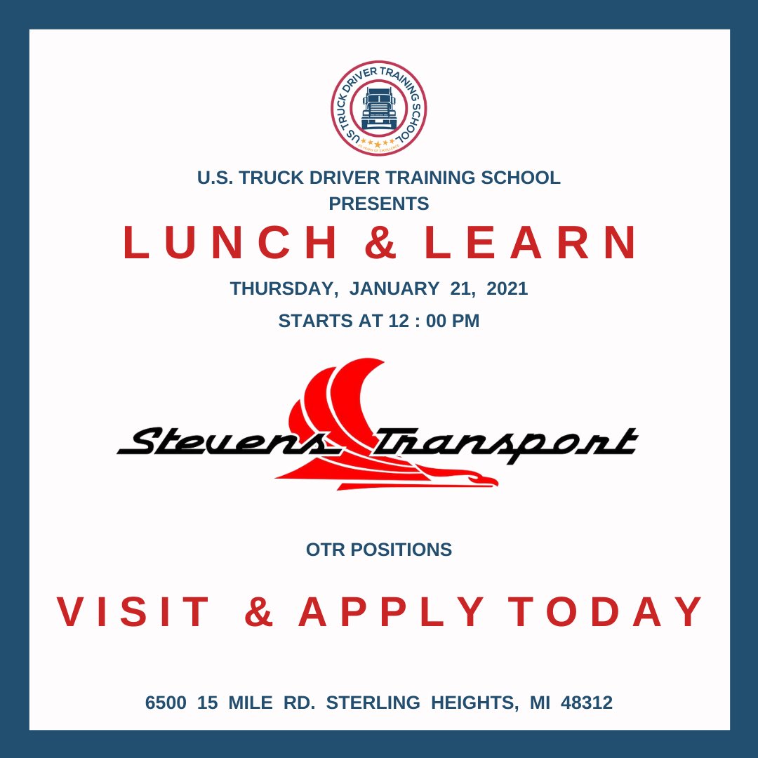 USTDTS's tweet photo. @Drive4Stevens is here TODAY at 12:00 PM! #newyearnewcareer #cdljobs #cdlcareers #stevens #macombcounty #waynecounty #oaklandcounty #metrodetroit #truckingjobs #trucking #truckdrivingjobs https://t.co/ZtDnm7jsnl