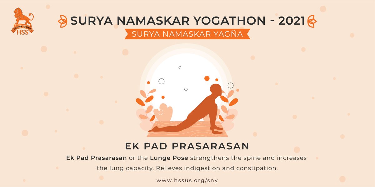  #SuryaNamaskar Posture 4: Ek-Pād-Prasarāsan that is the lunge-pose strengthens the spine and increases the lung capacity. Relieves indigestion and constipation. #SNY #Yoga4Health #Yoga4Humanity #HSSPromotesYoga