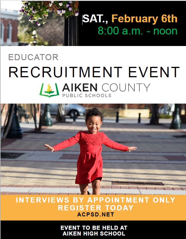 AikenPublicSch's tweet photo. Looking for a rewarding career in education? If so, we'd love to meet you! @AikenPublicSch will host an Educator Recruitment Event on Saturday, February 6 from 8 a.m. - noon. The event is by appointment only, so interested candidates should apply at https://t.co/gB8zinvuZO https://t.co/szHHi0kFk5