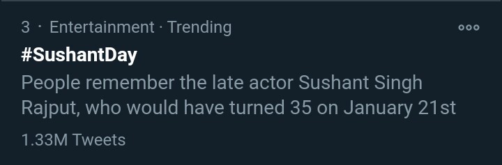 Track Twitter on our beloved Sushant Singh Rajput birthday.  #SushantDay 7:19pm :1.33M for  #SushantDay