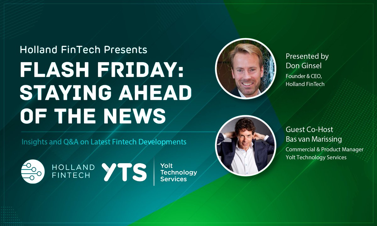 📣Join us #TOMORROW at 9.30 for our weekly #FlashFriday! <a href="/donginsel/">Don Ginsel</a>, our Founder &amp; CEO and <a href="/bvmarissing/">Bas van Marissing</a>, Commercial &amp; Product Manager at @getyolt  will discuss the most recent #fintech news &amp; answer any of your inquiries during the session!

👇RSVP👇
bit.ly/3bXH41n