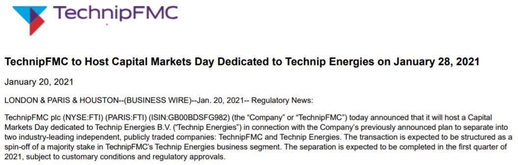 You want a catalyst? You got it. On Jan. 28th,  $FTI is hosting a Capital Markets Day dedicated to Technip Energies (spin-off). The presentation will highlight “Technip Energies long-term strategic vision and unique positioning in the energy transition.”