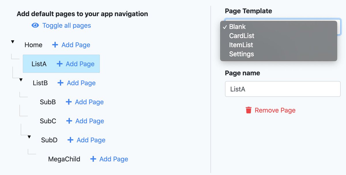 The new feature for PRO accounts I'm most proud of is generation of additional pages inside your app! Simply add your structure of pages, select from a list of templates (more to come!) and your exported project will have all the pages INCLUDING ROUTING in place 