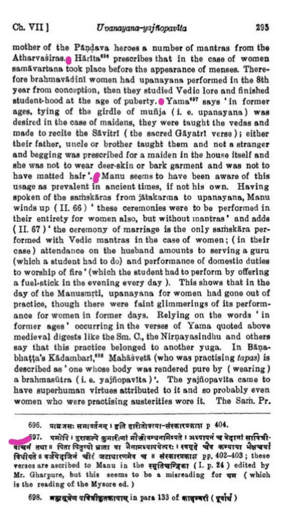 He then gives reference of Hrita Samhita which states that Bramhavadinis had their upanayana in their 8th year after which they studied Vedic lore and finished studenthood at the age of puberty. (Sanskrit verse at the bottom of the SS)