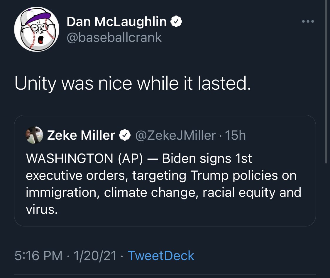 brianbeutler's tweet photo. Conservatives will pretend “unity” means Democrats have to let them keep ill-gotten gains, leave saboteurs in positions of power, but nobody has to pretend to believe them. https://t.co/wE8ueBlR4r