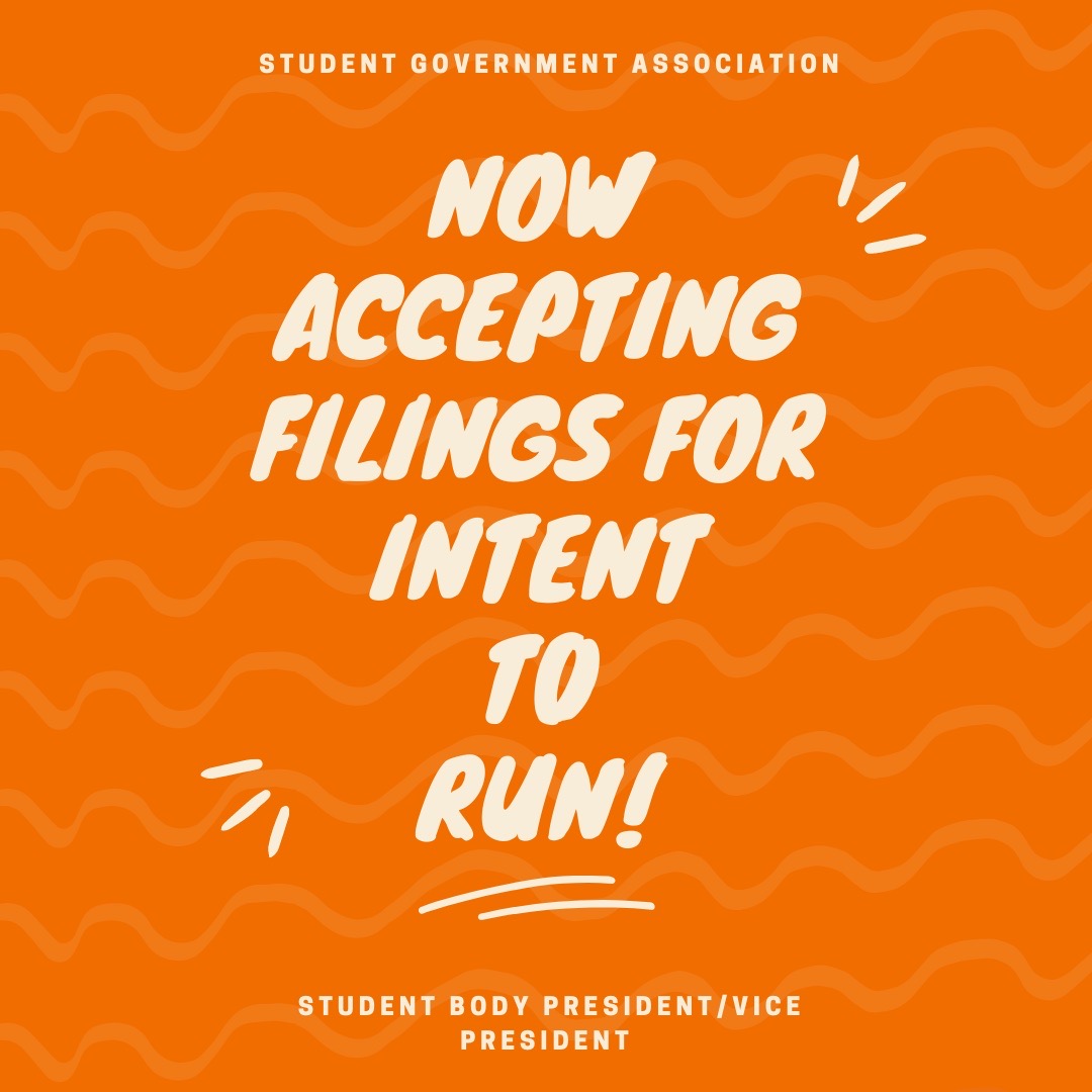 The Student Government Association is now accepting filings for intent to run for Student Body President/Vice President! 🎉

The deadline to file an application is Monday, February 8, 2021 by 11:59 p.m.

Click the link in our bio to access the form on CampusLink. 📝💻