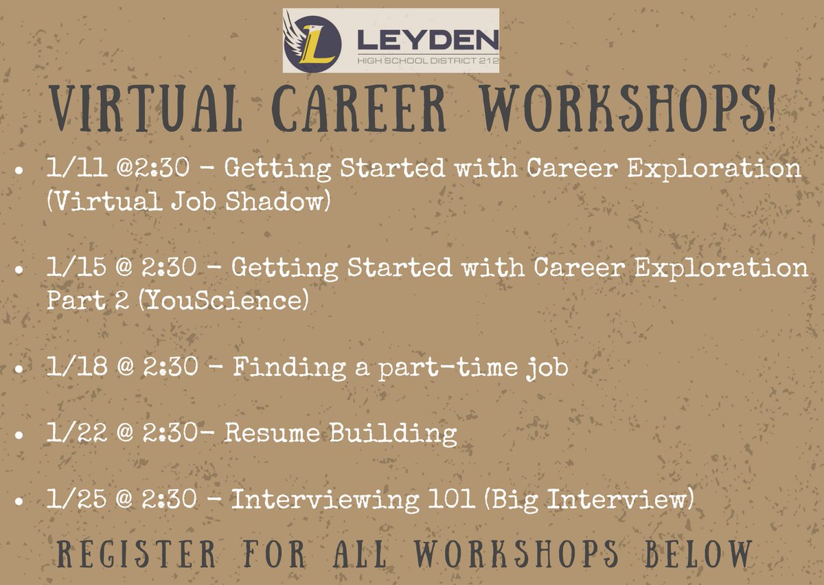 Our next workshop is FRIDAY at 2:30! Sign-ups still accepted. Join us to learn how to create the perfect resume. Your future self will thank you! #CTE #leydenpride --->leyden212.org/Page/4823