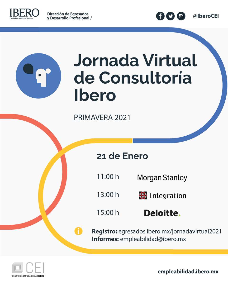 IberoCEI's tweet image. #Continuamos con @MorganStanley #integrationconsulting @DeloitteMX  
HOY en la #JornadaVirtualdeConsultoríaIbero2021

#Oportunidadeslaborales

Registro: egresados.ibero.mx/jornadavirtual…

@IBERO_mx @IberoVincula @CopsaIbero @IberoCopsa @IberoEgresados