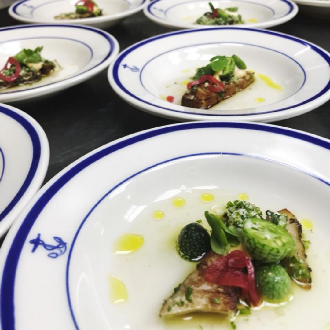 #TBT to Sept of 2018 &amp; this beautiful dish: Cured Sturgeon w/ Gremolata &amp; heirloom melon shrub from Chef Michael Jenkins for <a href="/guarnaschelli/">alex guarnaschelli</a>’s #NYC staple <a href="/ButterNYC/">me</a>. We love this restaurant and we also love those little anchor plates…  Shop sturgeon now: bit.ly/PASSMOREShop