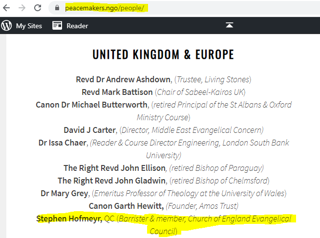 CEEC's Secretary is Stephen Hofmeyr QC. *As of today*, he is on the UK Board of Reference of Stephen Sizer's charity, Peacemaker Trust.9a.