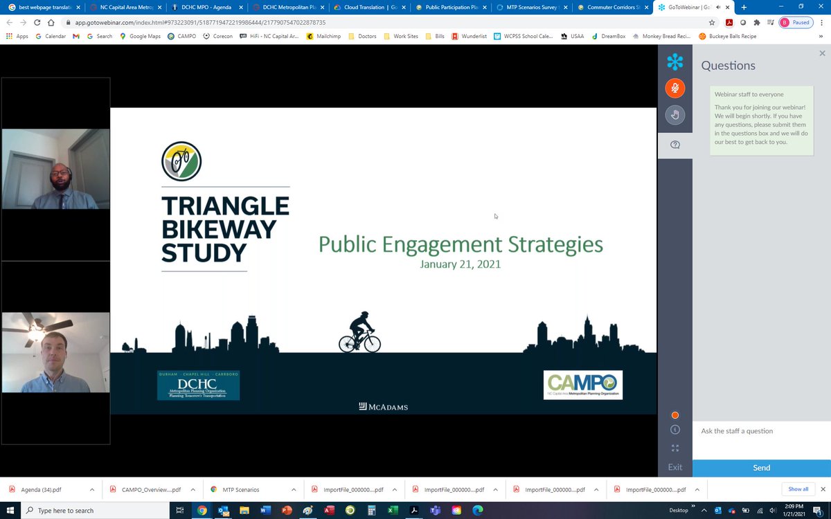 CapitalAreaMPO's tweet photo. Excellent webinar today featuring public engagement successes of CAMPO's Triangle Bikeway Study - over 1,200 attendees! Project Manager Kenneth W. joined @McAdamsCo and @wsp to present with @MetroQuest. We will link to the webinar once it's available. https://t.co/4oPMw2DbRR https://t.co/4dxgYE8NMj