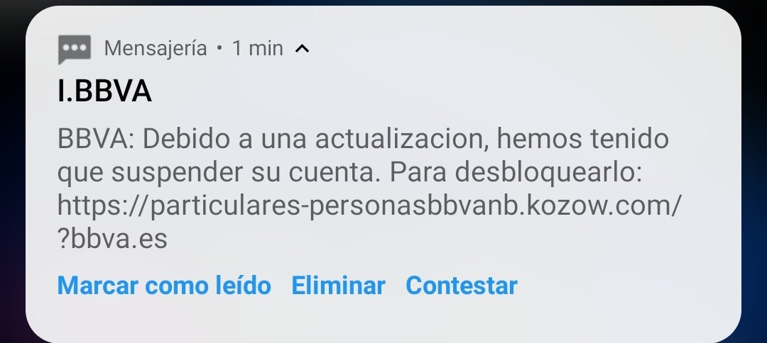 Mucho cuidado a los que seáis del banco <a href="/bbva/">BBVA</a>, están enviado un SMS en el que te hacen poner los datos de tu tarjeta de crédito y tu pin. 
A mi hermana ya le han estafado 300€, usan una página web calcada a la de BBVA para hacerte creer que estás en la página oficial.