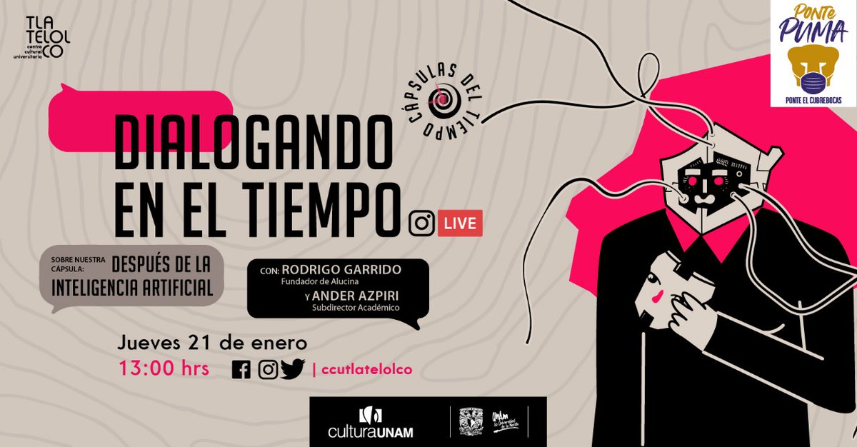 ccutlatelolco's tweet photo. Estámos en IG 𝘓𝘐𝘝𝘌  con Rodrigo Garrido @AlucinaStudio, estará charlando con Ander Azpiri sobre nuestra cápsula del tiempo "Después de la inteligencia artificial".

https://t.co/yVfZDY8Zdf

#CápsulasDelTiempo
#CulturaUNAMenCasa https://t.co/FL16GgkO4K