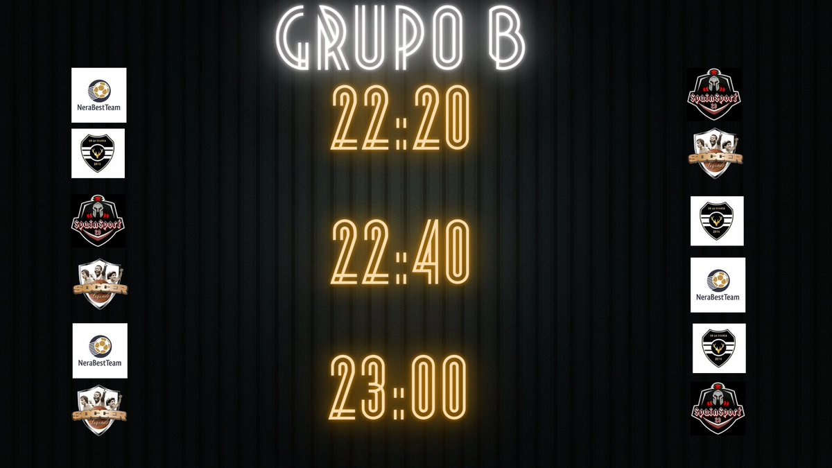 Tenemos calendario para el grupo B

@NeraBestTeam 
<a href="/SSportf20/">SpainSport20 Club VFO EFA TVL ⚽️🎮⚽️</a> 
<a href="/_Soccer_Legends/">SOCCER LEGENDS | EQ |</a> 
<a href="/cdlacharcapro/">LaCharcaFC</a>