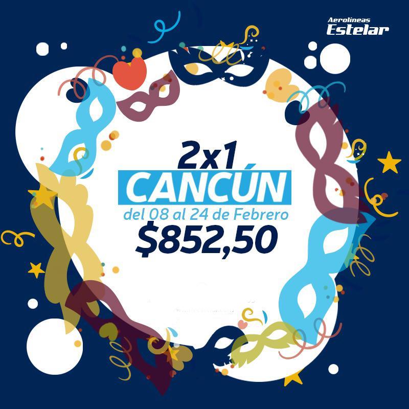 ¡Buenas Noticias! Aerolíneas Estelar tiene el mejor plan para ti, disfruta el 2x1 en vuelo directo Caracas-Cancún-Caracas. Adquiere tus boletos y entrega tu regalo de San Valentín en Carnaval.