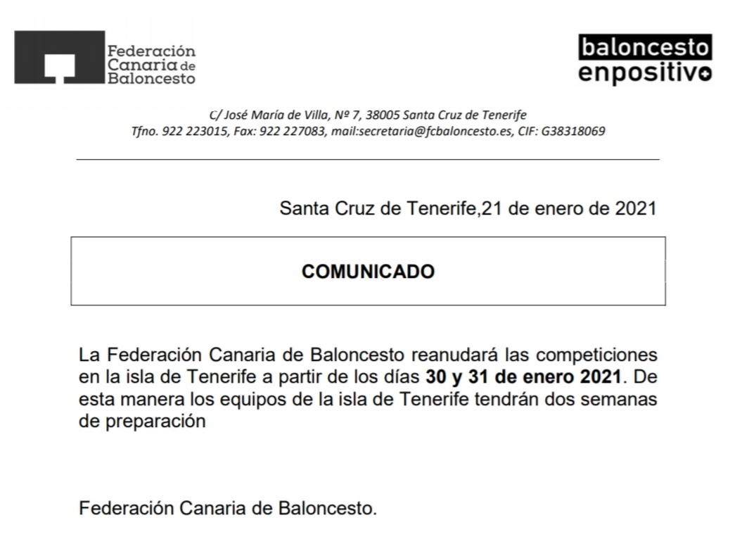 🏀 #Tenerife ➡️ La <a href="/FCBaloncesto/">Federación Canaria de Baloncesto</a> reanudará las competiciones en la isla de Tenerife a partir de los días 30 y 31 de enero 2021. De esta manera los equipos de la isla de Tenerife tendrán dos semanas de preparación.