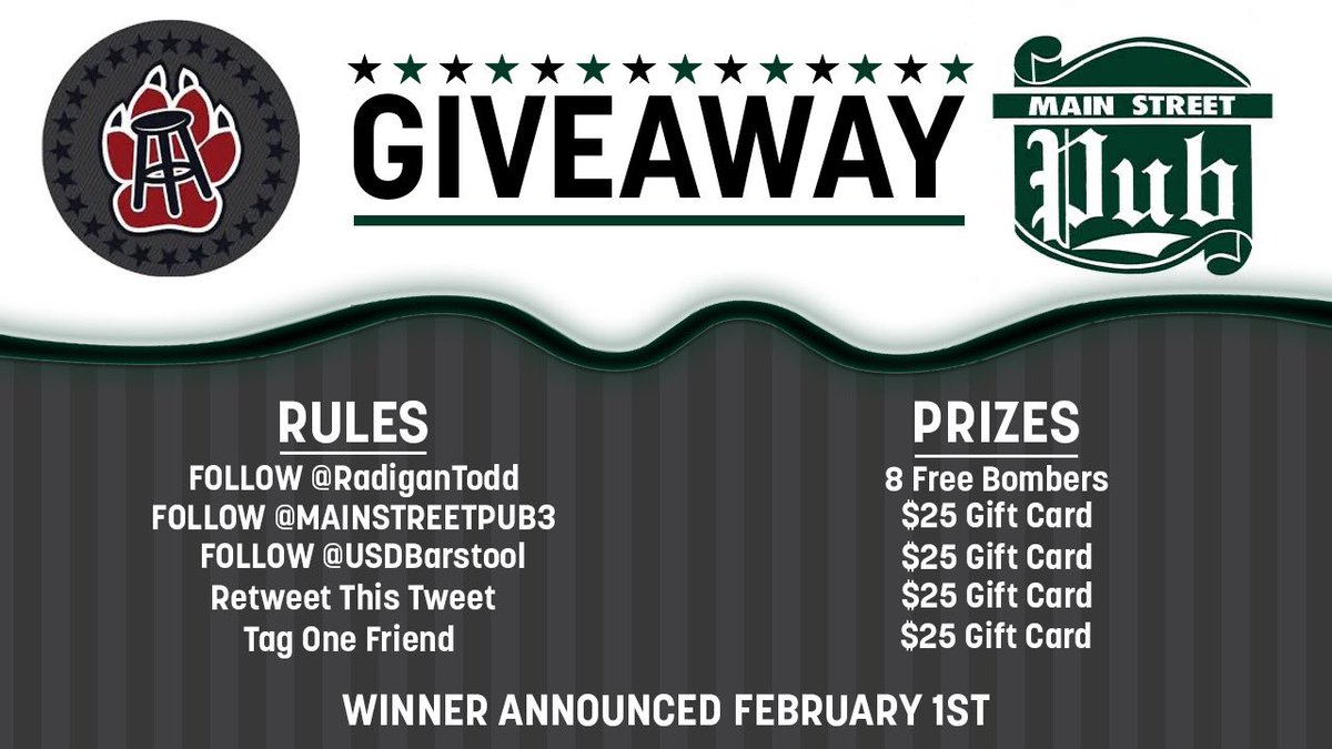 <a href="/RadiganTodd/">Todd Radigan</a> and the good people of <a href="/MAINSTREETPUB3/">MAIN STREET PUB</a> have teamed up with us for a giveaway! Check out the graphic to see the prizes and how to enter. 🍻