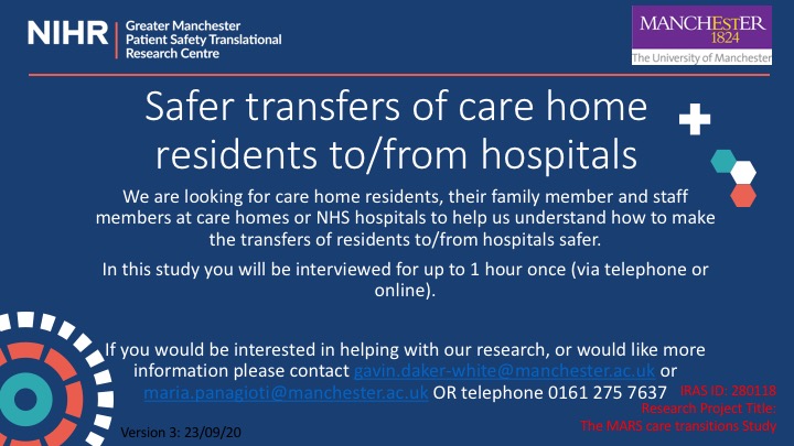 Looking for care home residents, family members, care home staff and healthcare staff for 1-hour remote interviews to help us improve care transitions to/from hospitals @PSTRC_GM @enrich_research @gmcvo @Research_Future @GM_HSC @ARC_GM @SaferSalford @SalfordCCG @HWSalford