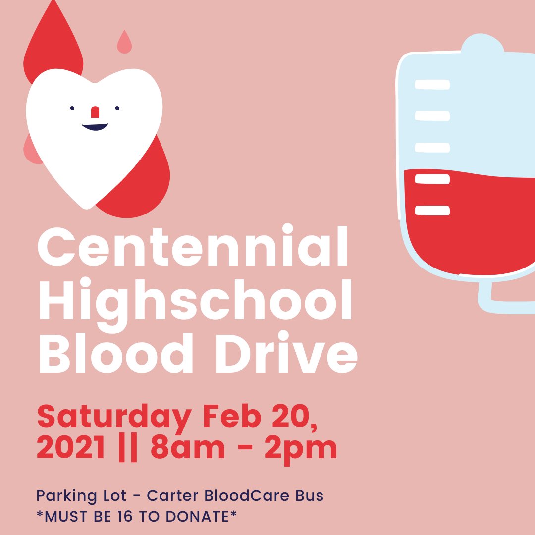 CHSTitansStuCo's tweet image. The blood drive is on Saturday, February 20 through 8:00 AM - 2:00 PM. You have to be 16+ and if you’re under 17 you need a form signed by your parents. The blood drive will take place in the back parking lot @ CHS! Cya there!  
gr8students.org/wp-content/upl…