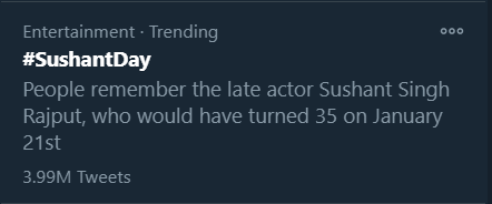 Track Twitter on our beloved Sushant Singh Rajput birthday.  #SushantDay 00:58am :3.99M, 22/1/21 for  #SushantDay