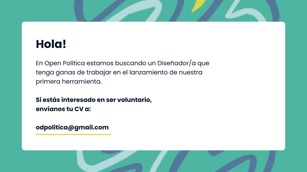 Hola! En <a href="/OpenPolitica/">Open Política</a>, nos hace falta Diseñador/a.
Diseñas? Conoces alguien que diseña? Mándanos un mail!