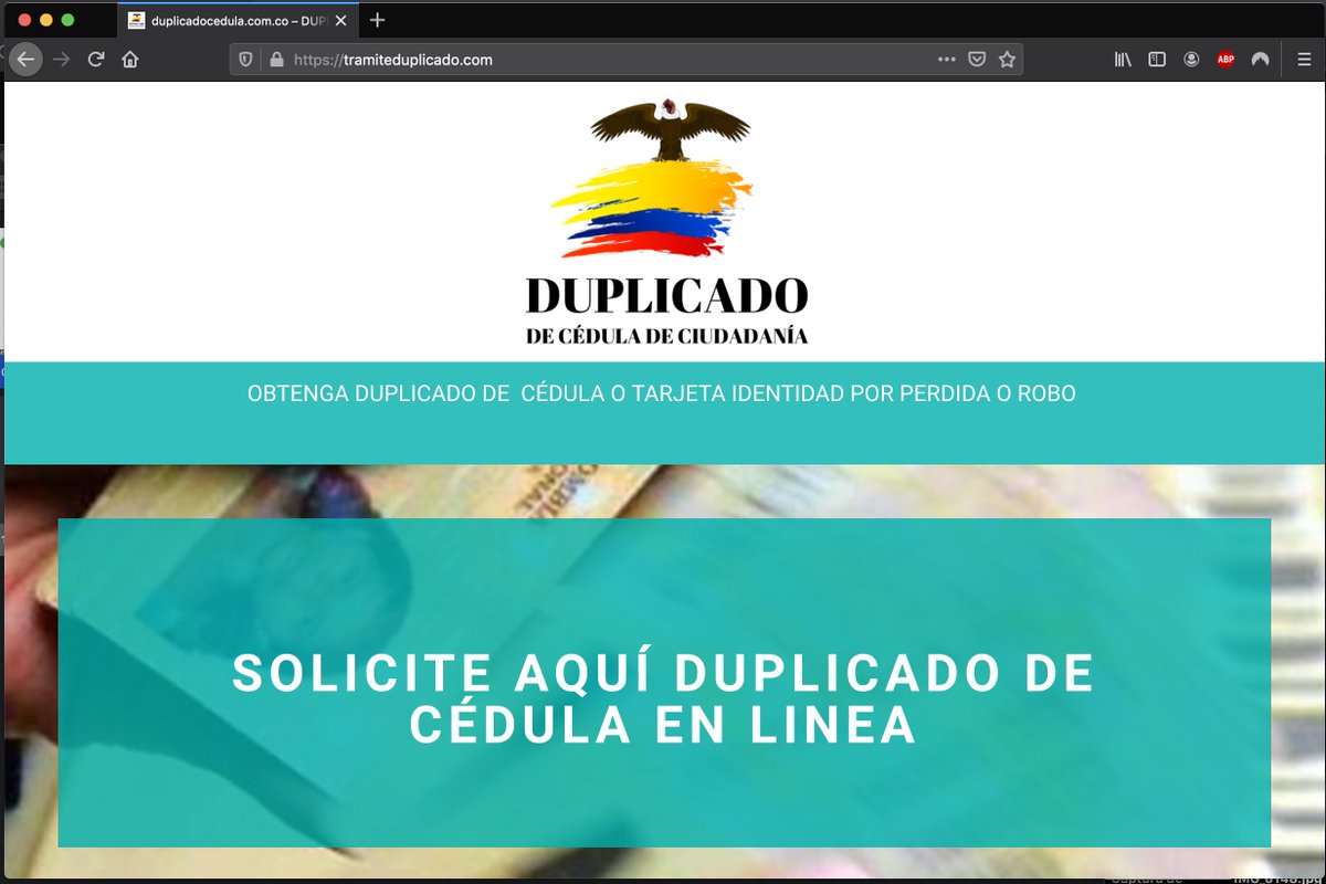colCERT's tweet photo. ¡Alerta! ¡No caiga! sitio fraudulento ofrece el servicio para cobrar duplicado de cédula de ciudadanía, recomendamos siempre acceder al sitio oficial de la @Registraduria y obtener su duplicado en el siguiente link: https://t.co/as10PEIXZF @CaiVirtual @Ministerio_TIC @FiscaliaCol https://t.co/arbKhu07i4