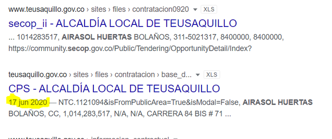 Airasol Huertas, ahora trabaja en la alcaldía de Teusaquillo según Secop ii en Apoyar administrativa y asistencialmente a las Inspecciones de Policía de la Localidad.
Contrato termina el 21 de febrero de 2021. https://t.co/nZQC7iqseS