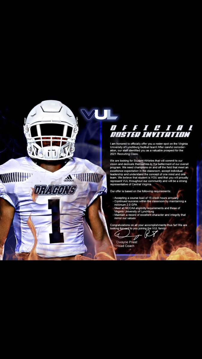 WalterJaylon's tweet photo. After a great talk with coach @BigplayST I’m blessed to receive my first offer from Virginia University of Lynchburg 🔵!! https://t.co/ZPHehNE2Xe