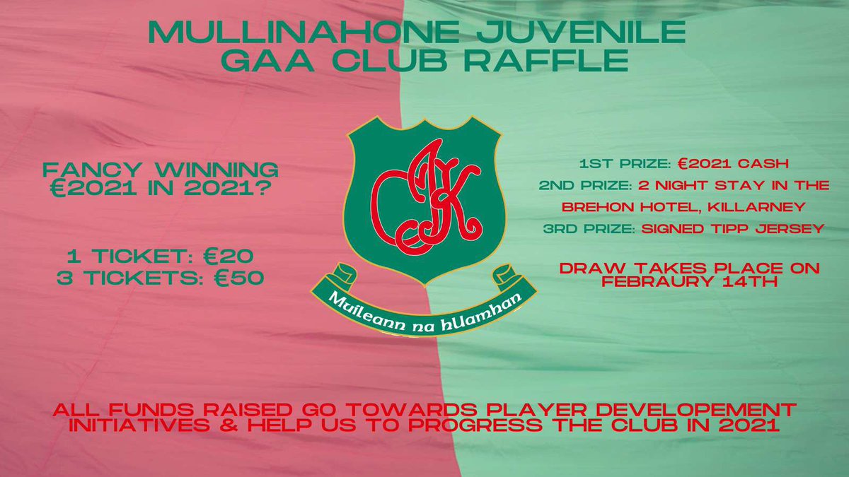 mullinahonegaa's tweet photo. Some big prizes to be won.

1st prize: €2021 cash
2nd prize: Two night stay in The Brehon Hotel, Killarney. 

Please share this post, donate and keeping sending it to friends and family. All support is greatly appreciated. 

Link below to donate💚❤️

https://t.co/Cq2pMBGPob https://t.co/iNIdhTw0Xy