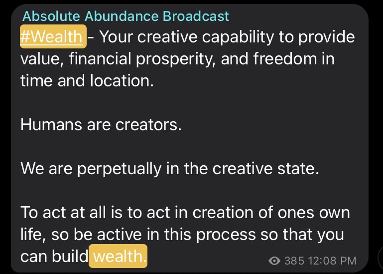 I highly recommend joining my FREE telegram channel, Absolute Abundance Broadcast.One of my primary focuses with this channel is to assist you in permanently occupying wealth consciousness.Here’s a small taste of what’s inside...Join here  https://t.me/DailyAABC&nbsp;