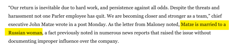 Dems ordered Silicon Valley monopolies to remove Parler. They obtained. That forced Parler to use a Russian company for hosting.Now, Dem  @RepMaloney wants to investigate Parler for Russia ties, and the WPost article includes this: https://www.washingtonpost.com/technology/2021/01/21/parler-fbi-russia-jan-6-capitol/