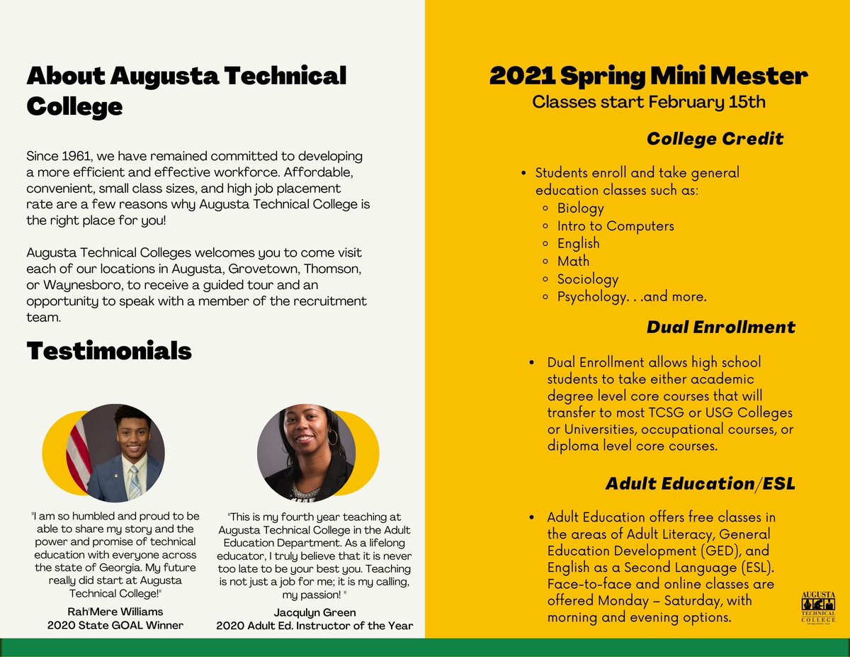 AugustaTech1's tweet photo. Don't take our WORD for it. . take our WORK for it! 2020 State GOAL Winner Rah'Mere Williams and 2020 State Adult Education Instructor of the Year Jacqulyn Green have a few things to say about technical education! Enroll today for the Spring Mini Mester! #MiniMester https://t.co/P2n74L0Vxr