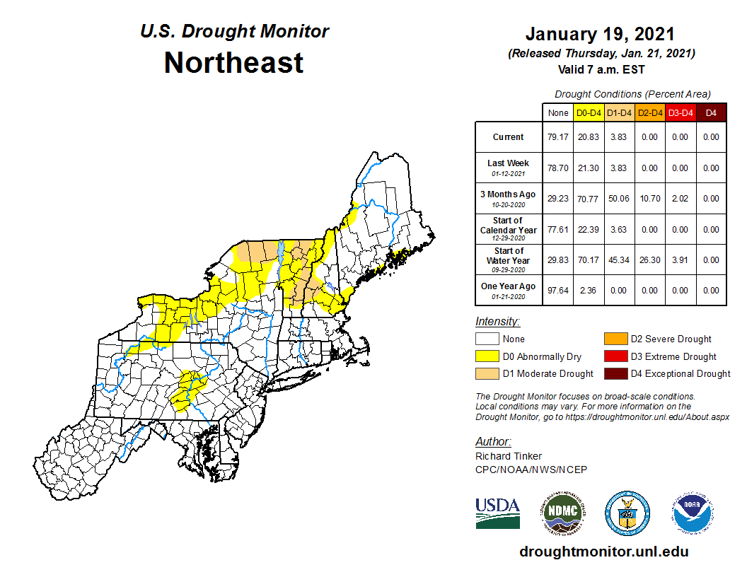 NOAANCEI's tweet photo. Jan 19: In southern Maine, 1.5 to 2.0 inches of precipitation prompted removal of abnormal dryness. But moderate drought continued in parts of New Hampshire, Vermont, and northern New York. https://t.co/hs7rCpQMsY #DroughtMonitor #MEwx #MEdrought #NHdrought #VTdrought #NYdrought https://t.co/8bMyPrNCqc