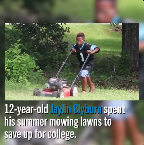 CountCaleb's tweet photo. Do y'all remember when there was a 12 year old who was cutting grass because he said he didn't want to burden his mom and pay for his own college and the panthers heard about it and called him in and..........bought him a lawnmower so he could continue mowing lawns for college https://t.co/mFZHsX6Xkm