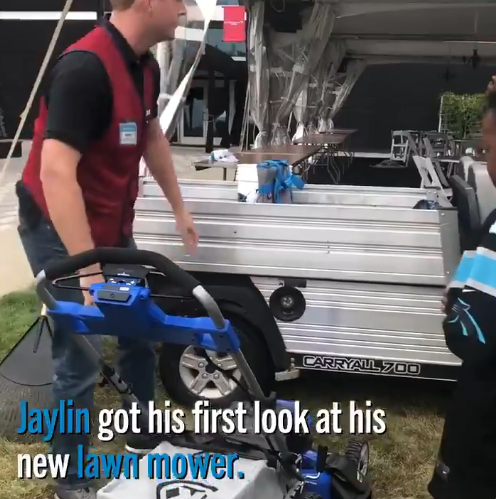CountCaleb's tweet photo. Do y'all remember when there was a 12 year old who was cutting grass because he said he didn't want to burden his mom and pay for his own college and the panthers heard about it and called him in and..........bought him a lawnmower so he could continue mowing lawns for college https://t.co/mFZHsX6Xkm