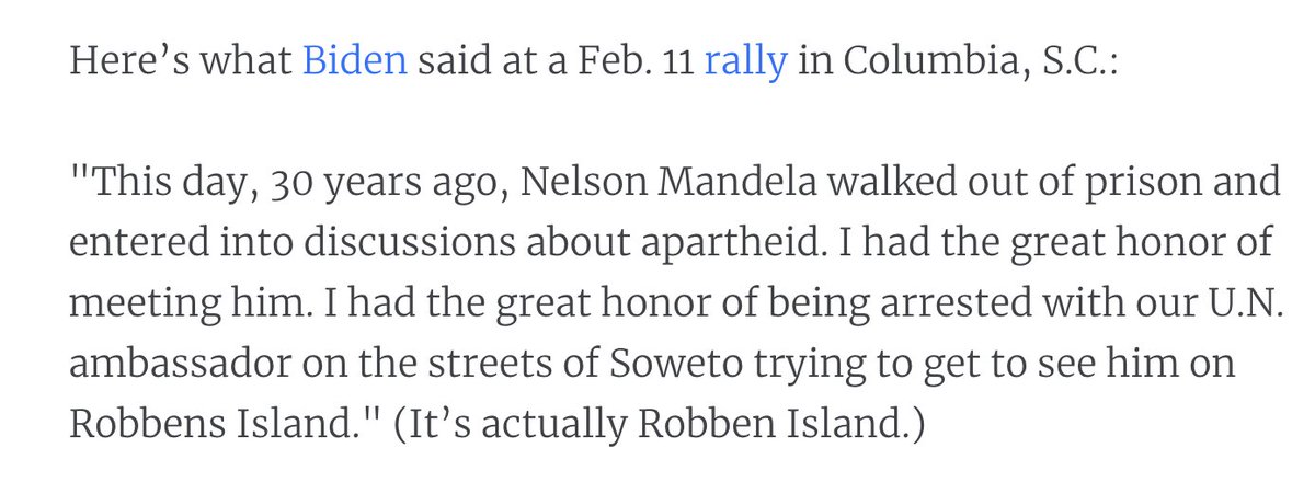 At a February rally in South Carolina, for example, Biden said this. Absolutely nothing about this story was true. He just made it up.  https://www.politifact.com/factchecks/2020/mar/04/joe-biden/joe-bidens-pants-fire-claim-about-his-arrest-south/