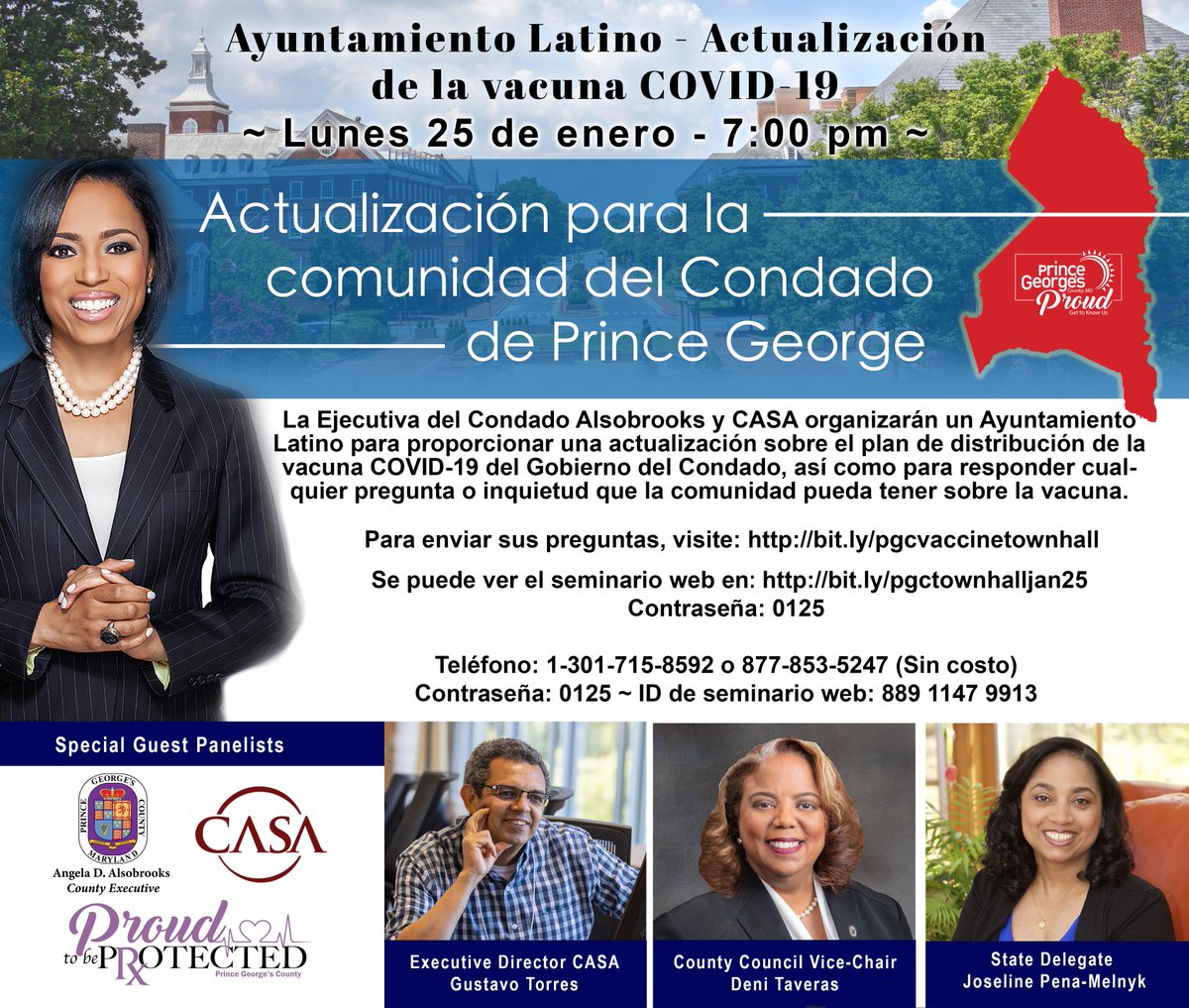 wearecasaorg's tweet photo. ¿Estás buscando información sobre la vacuna COVID-19 en el #CondadodePrinceGeorge?
Únete el lunes, 25 de enero a las 7 pm por el ayuntamiento latino con CASA y @CEXAlsobrooks ➡️https://t.co/OTe7YUpZIB https://t.co/7q7e05JN5A
