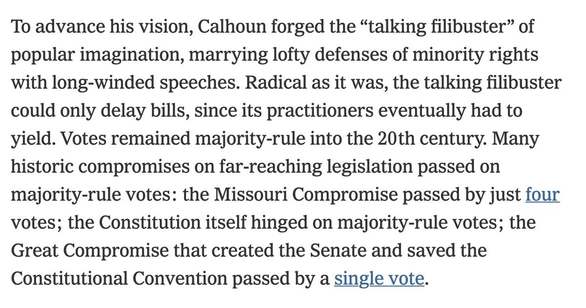 The filibuster was not part of the original Senate because the Framers knew exactly how it'd be used- they saw McConnell coming. The filibuster represents Calhoun's vision, not Madison's. Calhoun wanted a Senate where the minority could block the majority.  https://www.nytimes.com/2021/01/20/opinion/democrats-filibuster-congress-mcconnell.html