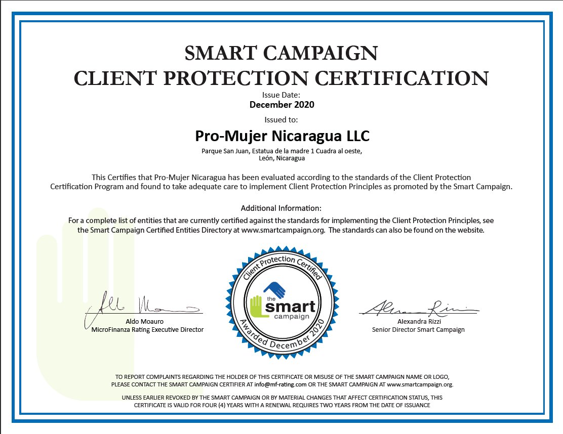 Congratulations!! Pro Mujer Nicaragua has earned #SmartCertification #ClientProtection <a href="/promujer/">Pro Mujer</a> #Nicaragua <a href="/MicroFinRating/">MFR</a>